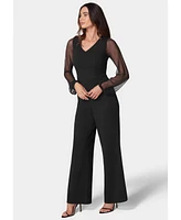 Bebe Women's V-Neck Jumpsuit with Powermesh Sleeve