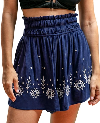 Cupshe Women's Floral Embroidery Smocked Shorts