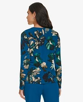 Calvin Klein Petite Printed Pleat-Neck Long-Sleeve Top