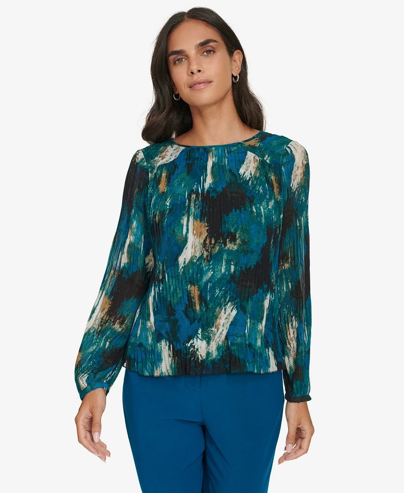 Calvin Klein Women's Printed Pleated Long-Sleeve Top