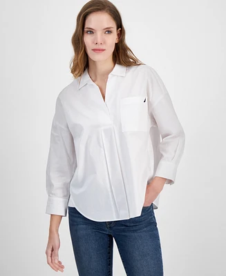 Nautica Jeans Women's Cotton Collared V-Neck Long-Sleeve Blouse