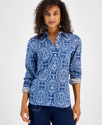 Nautica Jeans Women's Lisboa Cotton Paisley-Print Striped-Cuff Blouse