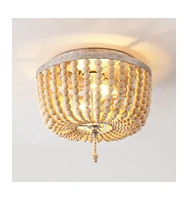 Jonathan Y Allison 10" 2-Light Shabby Chic Farmhouse Wood Beaded/Metal Led Flush Mount, White