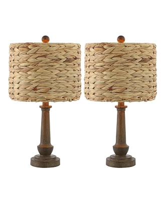 Jonathan Y Leona 21.25" Rustic Farmhouse Handwoven Water Hyacinth/Resin Led Table Lamp, Brown Wood Finish (Set of 2)