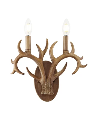 Jonathan Y Oakley 13.25" 2-Light Southwestern Bohemian Resin/Iron Faux Antler Led Sconce, Brown Wood Finish