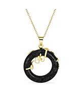 Bling Jewelry Round Open Circle Disc Black Onyx Dragon Pendant Necklace For Women Gold Plated Sterling Silver