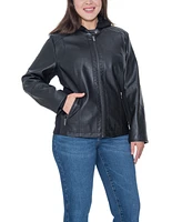 Sebby Collection Plus Garment Dyed Faux Leather Zip Front Jacket With Detachable Sweater Knit Hood