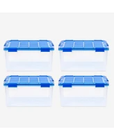 Iris 15 Gallon Clear Plastic Storage Boxes with Blue Lid, Pack of 4