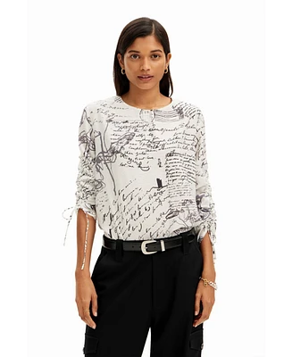 Desigual Women's Blouse with adjustable sleeves and text prints.