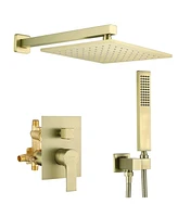 Boyel Living 1-Spray Patterns with 2.66 Gpm 10 in. Wall Mount Dual Shower Heads with Rough-In Valve Body and Trim in Brushed Gold