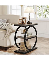 Tribesigns End Table, Narrow Table with 3 Storage Shelves, Wood Side Black Metal Frames