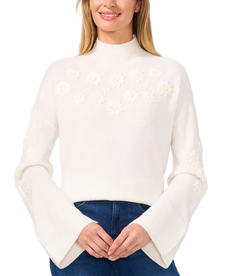 CeCe Women's Floral Embroidered Mock Neck Bell-Sleeve Sweater