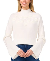 CeCe Women's Floral Embroidered Mock Neck Bell-Sleeve Sweater