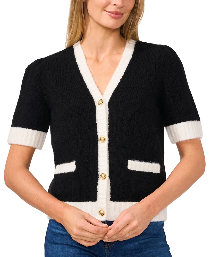 CeCe Women's Tipped Short-Sleeve Cardigan