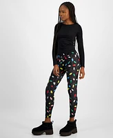 Planet Heart Juniors' Glitter Lightbulb-Print Holiday Leggings