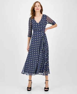 Jamie & Layla Petite 3/4-Sleeve Printed Faux-Wrap Midi Dress