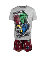 Harry Potter Boys Gryffindor Hufflepuff Slytherin Ravenclaw Graphic T-Shirt & French Terry Shorts Outfit Set