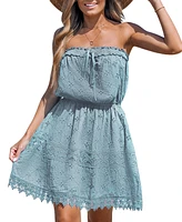 Cupshe Women's Light Blue Cotton Eyelet Mini Tube Beach Dress