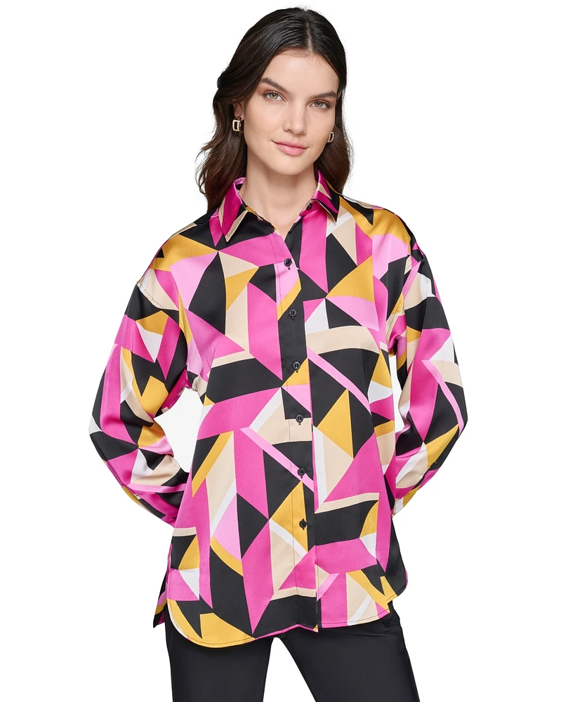 Karl Lagerfeld Paris Women's Oversized Printed Button-Down Top, Regular & Petite