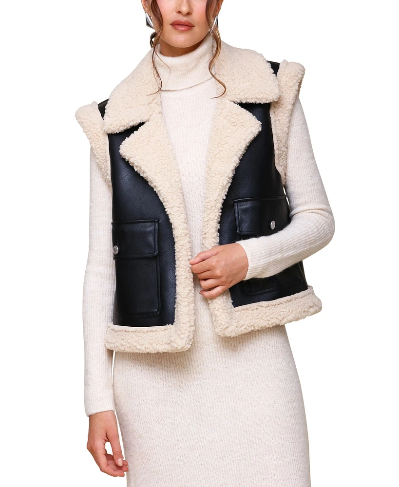 Avec Les Filles Women's Faux Leather Sherpa Trucker Vest