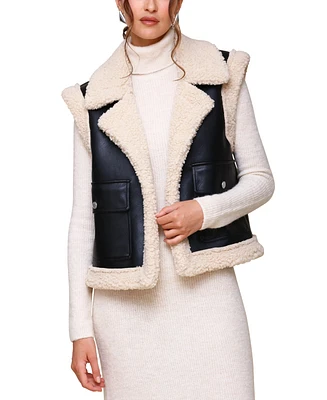 Avec Les Filles Women's Faux Leather Sherpa Trucker Vest