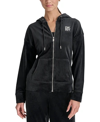 Dkny Women's Velour Rhinestone-Logo Zip-Front Hoodie