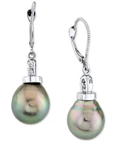 Cultured Tahitian Pearl (11mm) & Diamond Accent Leverback Drop Earrings in 14k White Gold