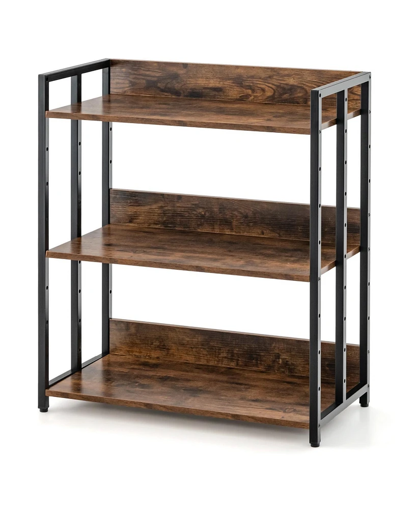 Sugift 3-Tier Corner Bookcase with Adjustable Shelves and Metal Frame-Rustic Brown