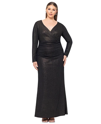 Xscape Plus Size Ruched Foil-Knit Long-Sleeve Gown