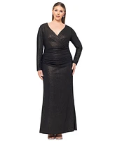 Xscape Plus Ruched Foil-Knit Long-Sleeve Gown