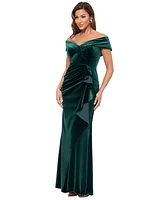 Xscape Petite Ruffled Off-The-Shoulder Velvet Gown