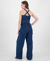 Tinseltown Juniors' Wide-Leg Square-Neck Tie-Front Cargo Jumpsuit