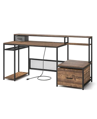 Skonyon 67 Inch Computer Desk with Monitor Stand & File Drawer-Rustic Brown