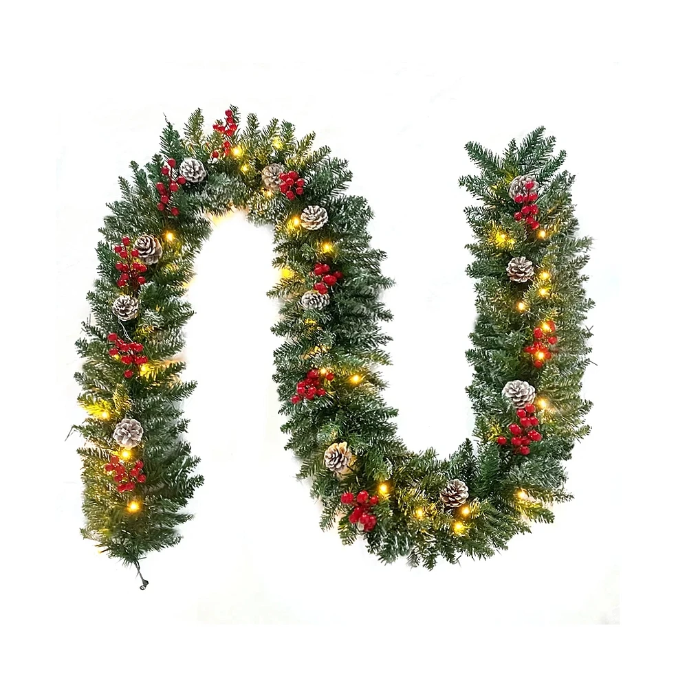 Cowin 9ft Christmas Garland Battery Operated Waterproof 50 Light 220 Branches Pine Cones and Berries