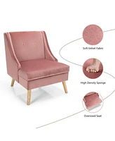 Sugift Velvet Wing Back Accent Chair with Rubber Wood Legs and Padded Seat for Living Room-Pink