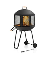 Inolait 28 Inch Portable Fire Pit on Wheels with Log Grate-Black