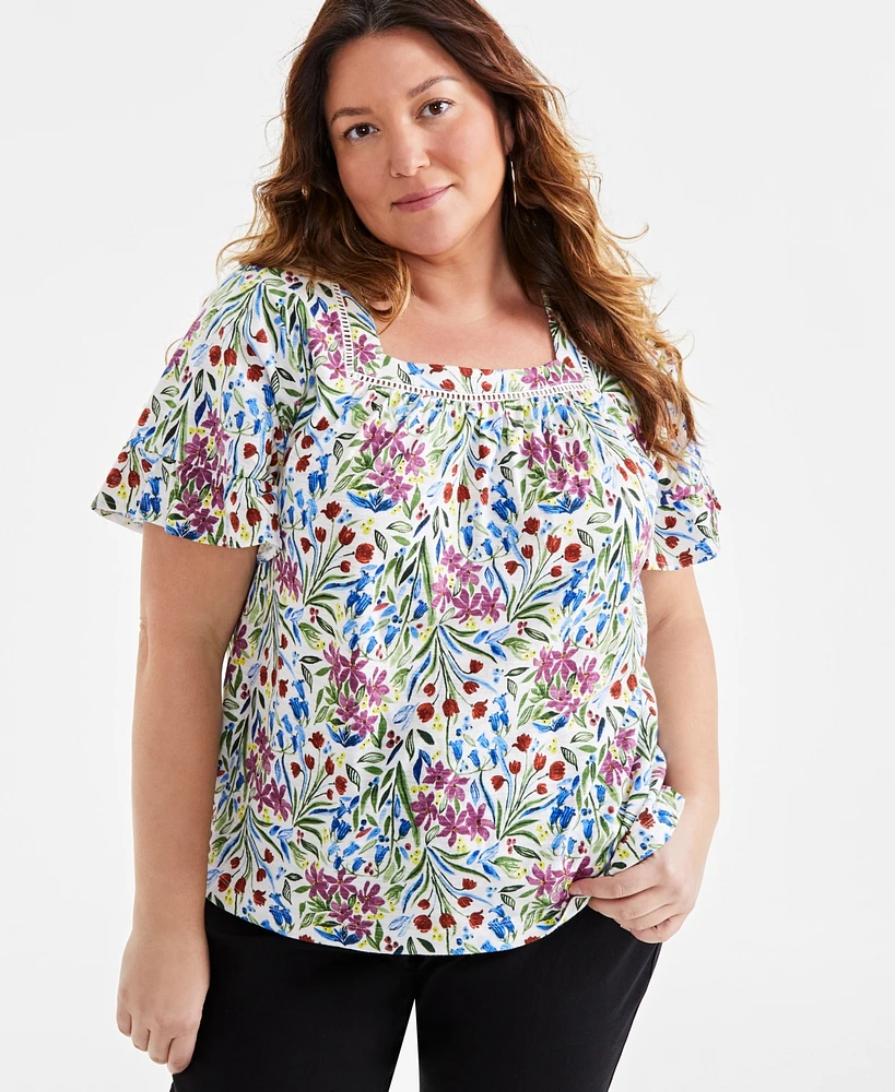 Style & Co Plus Flutter-Sleeve Print Top