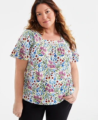 Style & Co Plus Size Flutter-Sleeve Print Top, Created for Macy's