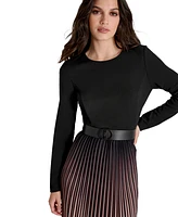 Dkny Petite Belted Ombre Long-Sleeve Pleated-Skirt Dress