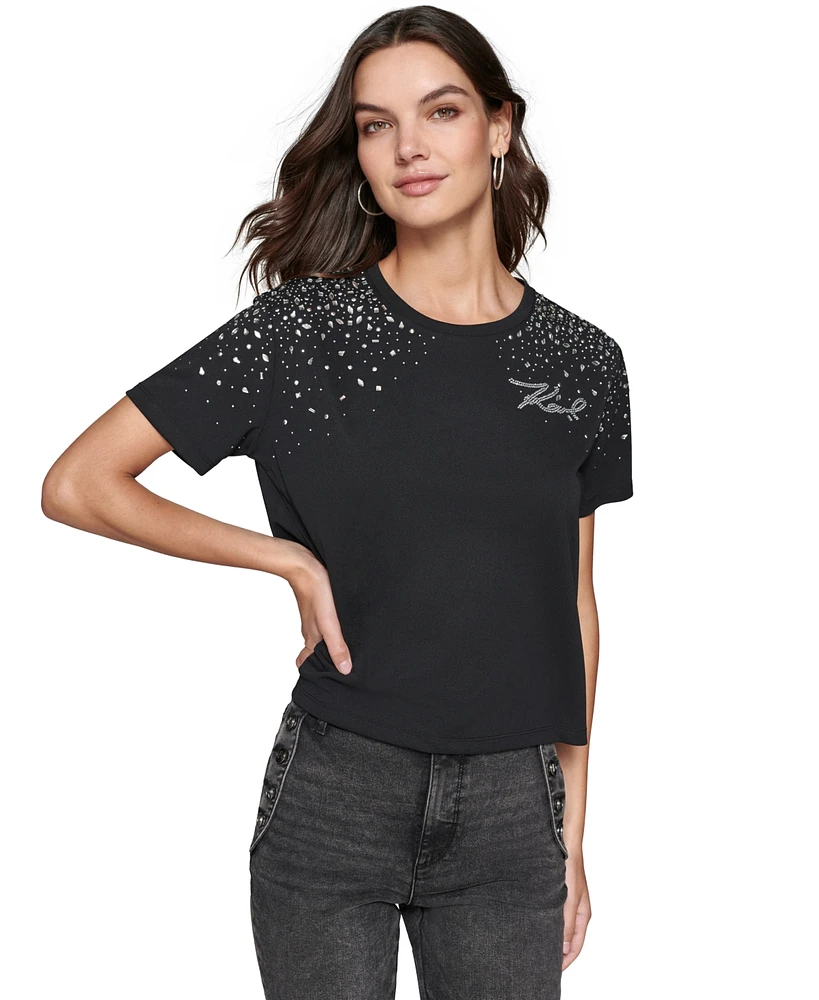 Karl Lagerfeld Paris Women's Rhinestone-Trim T-Shirt