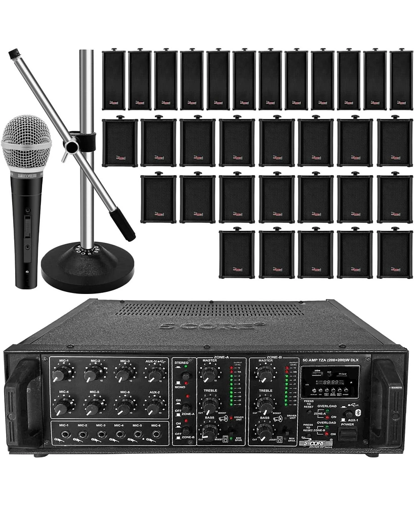 5 Core 4000W Pa System Outdoor Indoor Commercial Industrial Grade Paging Kit w/ 32 Wall Speakers 200W+200W (Rms) 2 Zone Amp +1 Stand +1 Microphone | C