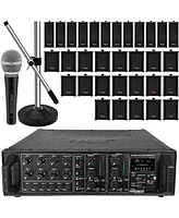 5 Core 4000W Pa System Outdoor Indoor Commercial Industrial Grade Paging Kit w/ 32 Wall Speakers 200W+200W (Rms) 2 Zone Amp +1 Stand +1 Microphone | C