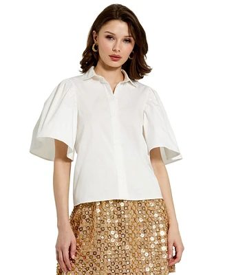 Women's Stretch Cotton Flare Ruffle Sleeve Button Up Top