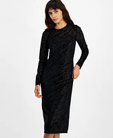 Bar Iii Women's Long-Sleeve Round-Neck Burnout Midi Dress, Created for Macy's