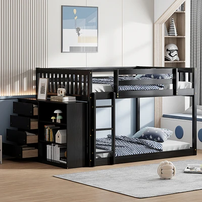 Simplie Fun Full over Full Bunk Bed with 4 Drawers and 3 Shelves-Gray