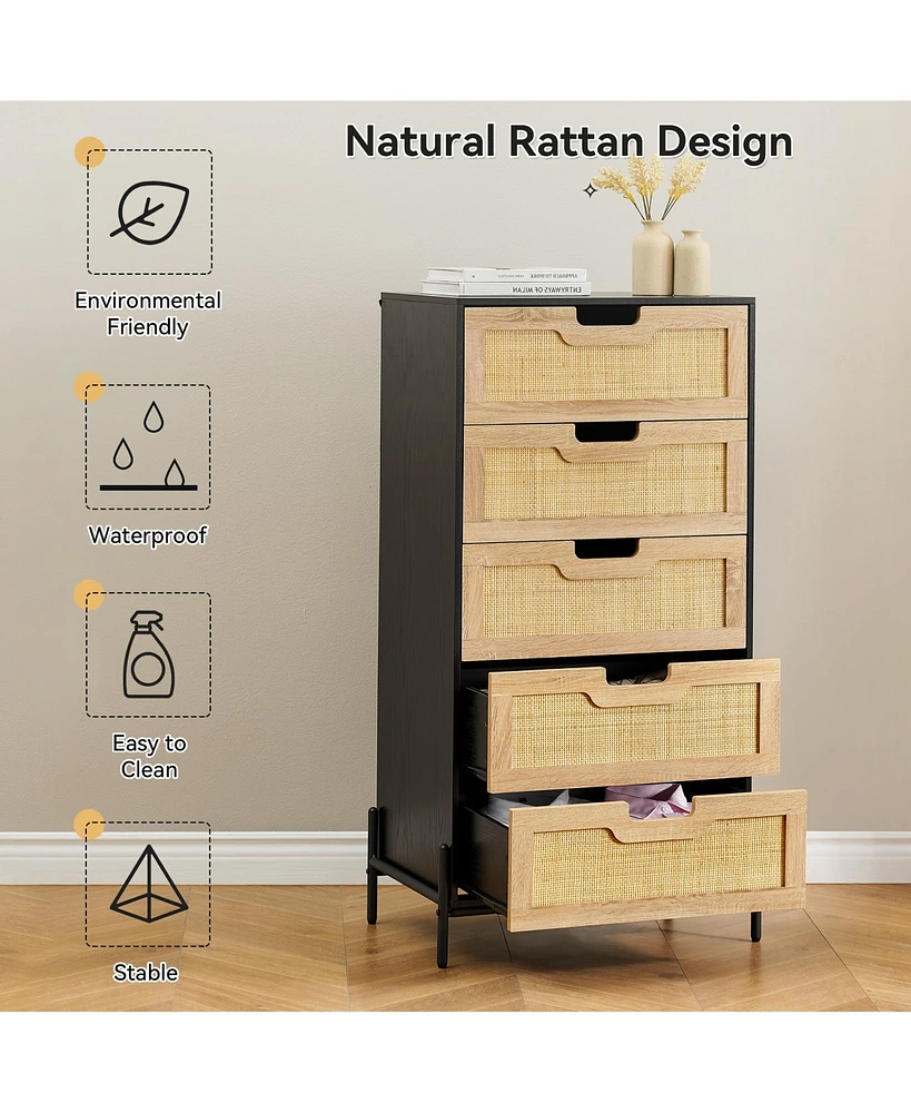gaomon Modern Rattan 5 Drawers Dresser, Double Dresser for Bedroom