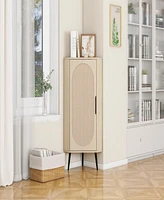 Simplie Fun Corner Cabinet with Rattan Door for Small Spaces
