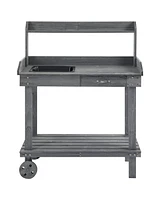 36" Gray Potting Bench with Wheels, Sink, Drawer & Storage