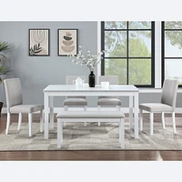 White Rectangular Dining Table with Bench for 6