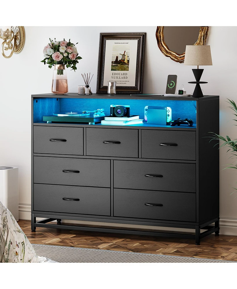 gaomon Modern 7-Drawer Dresser with Charging Station and Led Lights